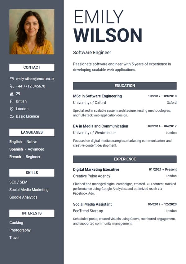 Professional CV Sample - Alex Martinez Full Stack Web Developer